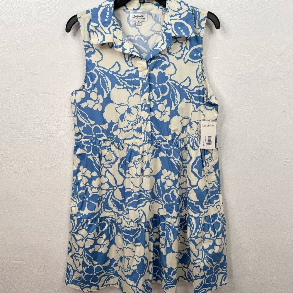Tahari Arthur S. Levine Shirt Dress Chambray Ecru Size M Blue Ivory Floral